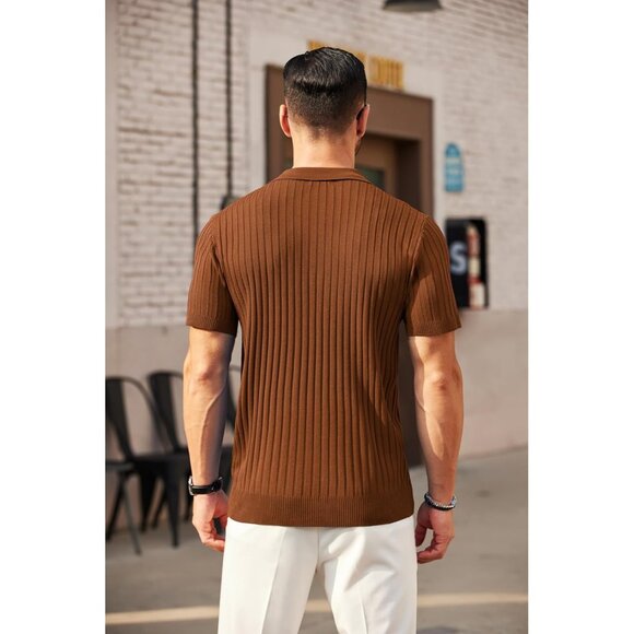 Men's Zipper Polo Shirts Short Sleeve Ribbed Knit Polo T Shirts Brown - Picture 4 of 7